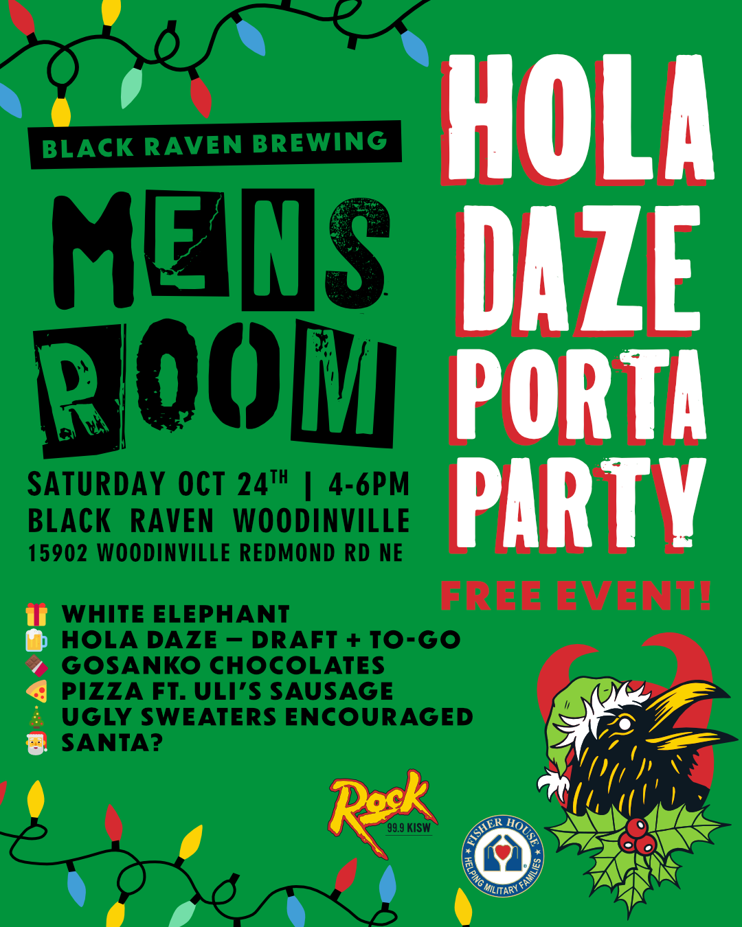 A green promotional flyer for the Black Raven Brewing Mens Room holiday event, 'HOLA DAZE PORTA PARTY,' featuring bold text, colorful Christmas lights, a black raven illustration, and event details.